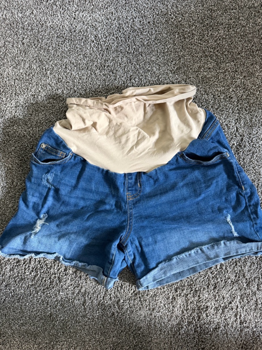 Indigo Blue Denim Maternity Shorts with Beige Stretch Waistband